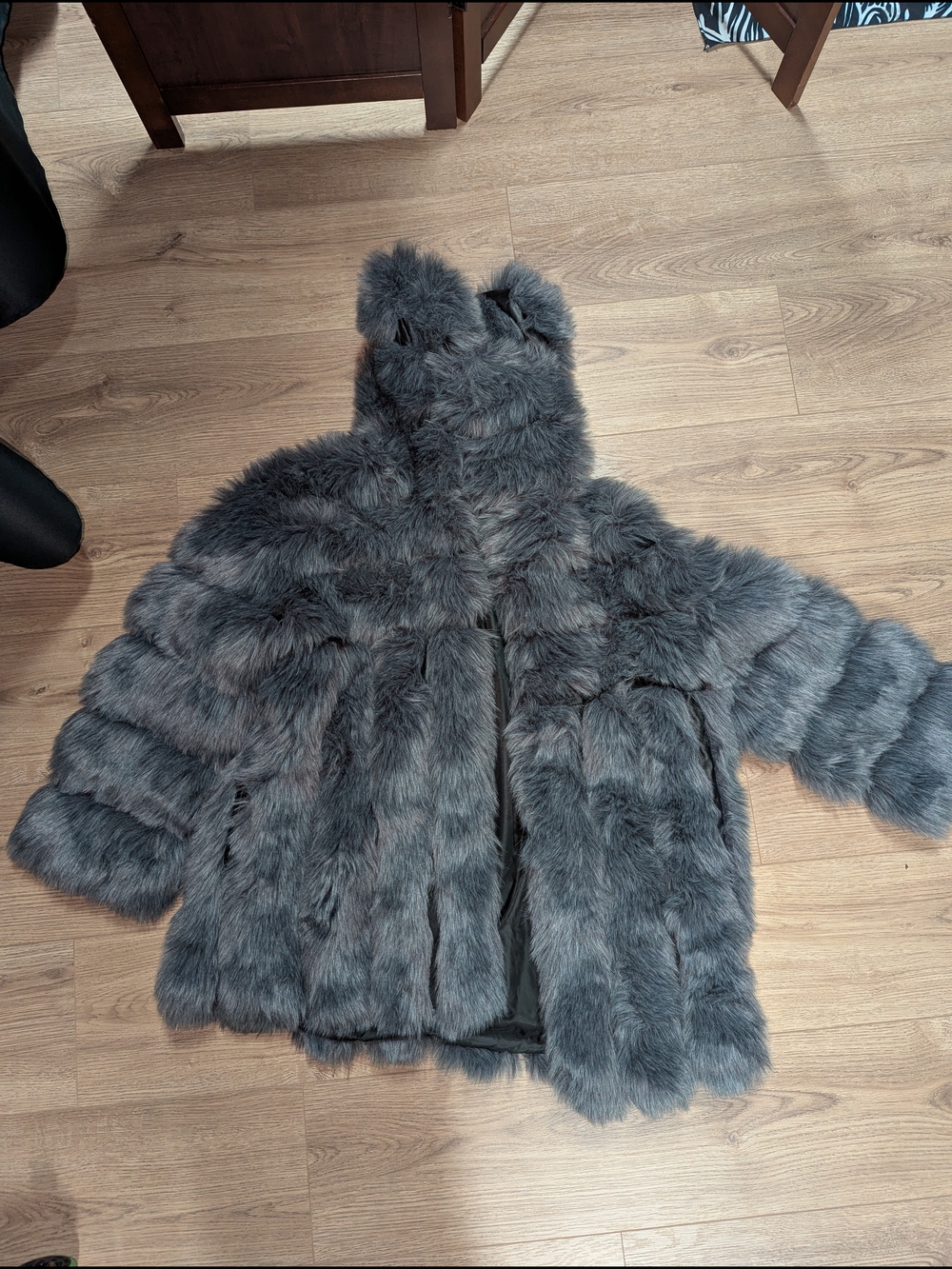 Faux Fur Hooded Jacket in Charcoal Gray